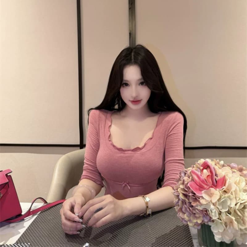 작은 대중 순수한 욕망 이슬 쇄골 낮은 네크라인 디스플레이 가슴 몸매 가꾸기 중간 소매 티셔츠 맨위 프린트 하이웨이스트 타이트 스커트 반신 치마 세트 상세 이미지 2