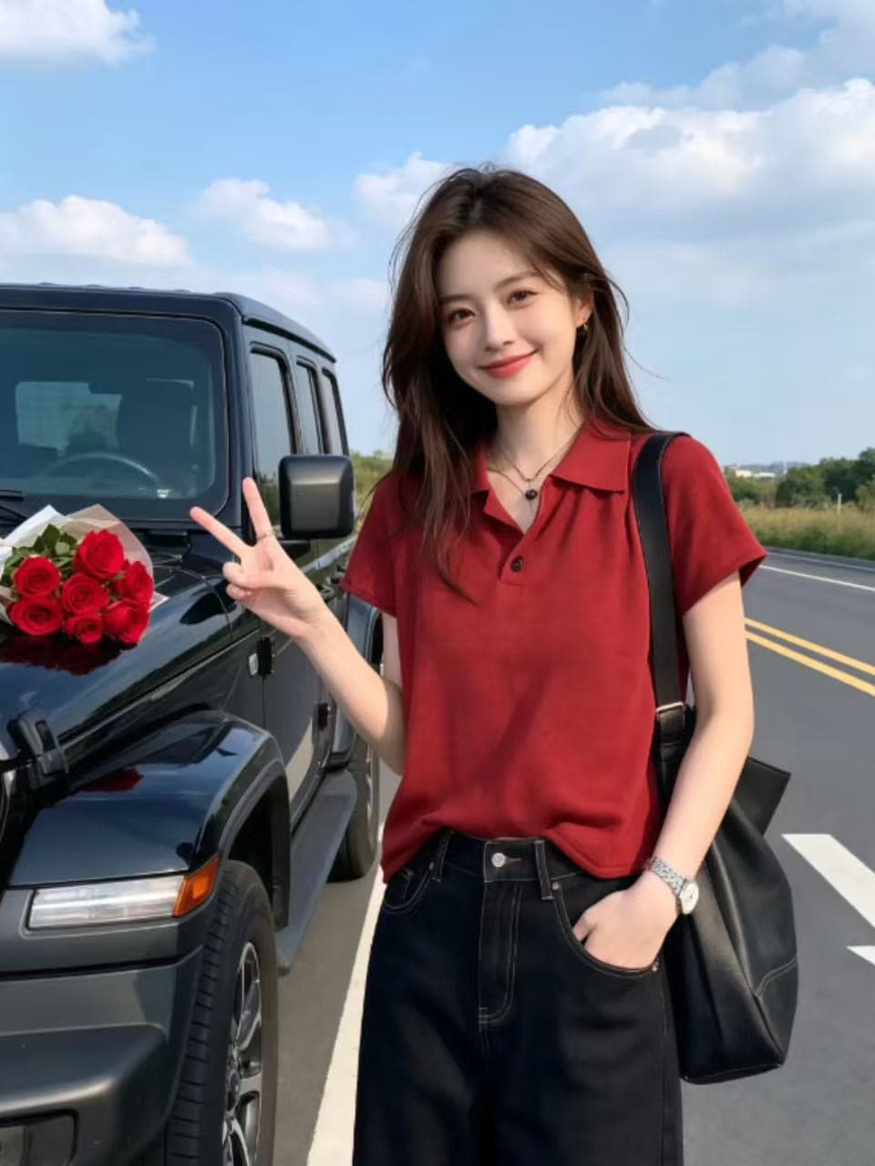 POLO 칼라 빨간색 볼륨 측면 반팔 니트 스웨터 여성 2026 년 새로운 여름 얇은 스타일 티셔츠 미니멀리즘 슬림해 보이는 맨위 상세 이미지 4