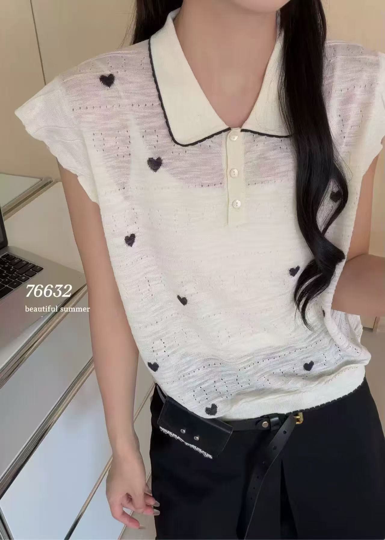 고유 한 Chic 반팔 티셔츠 여성 여름 얇은 스타일 폴로 칼라 배색 하트 니트 스웨터 다용도 맨위 상세 이미지 1