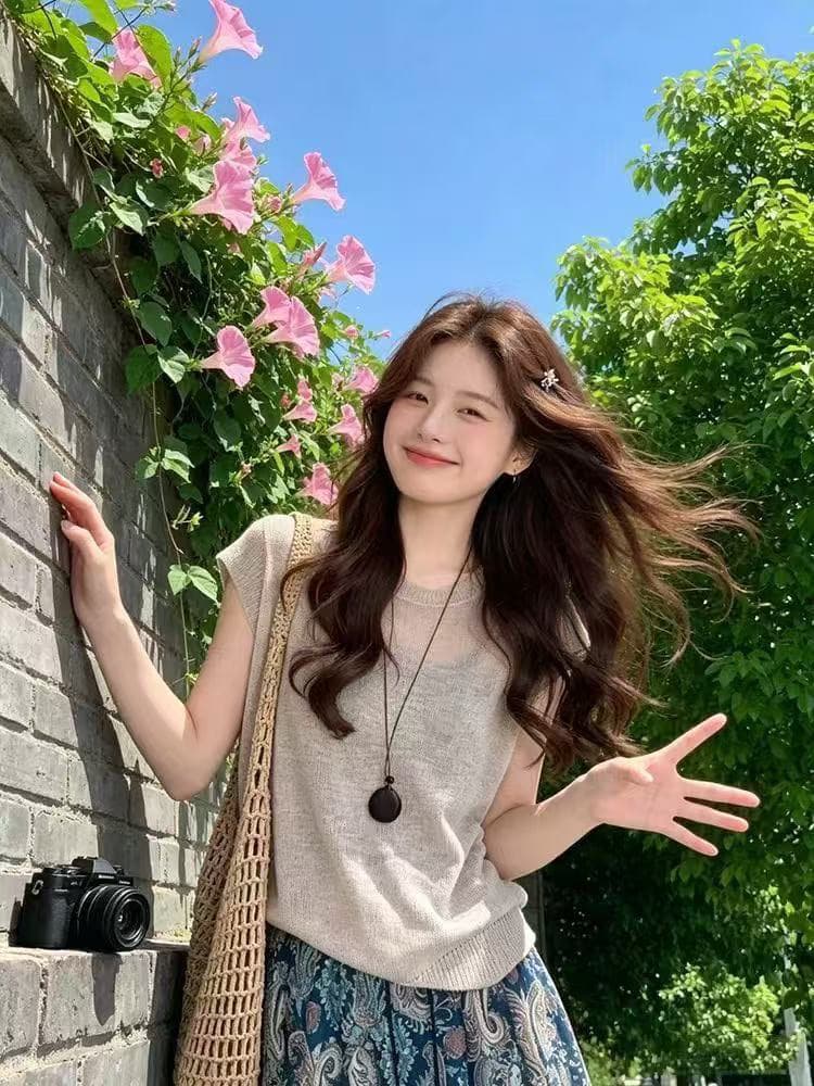 2026 여름 새로운 라운드 넥 니트 반팔 여성 품격 슬림해 보이는 작은 키 슈퍼 잘 생긴 miu 부서 부드러운 찹쌀 맨위 이미지 4