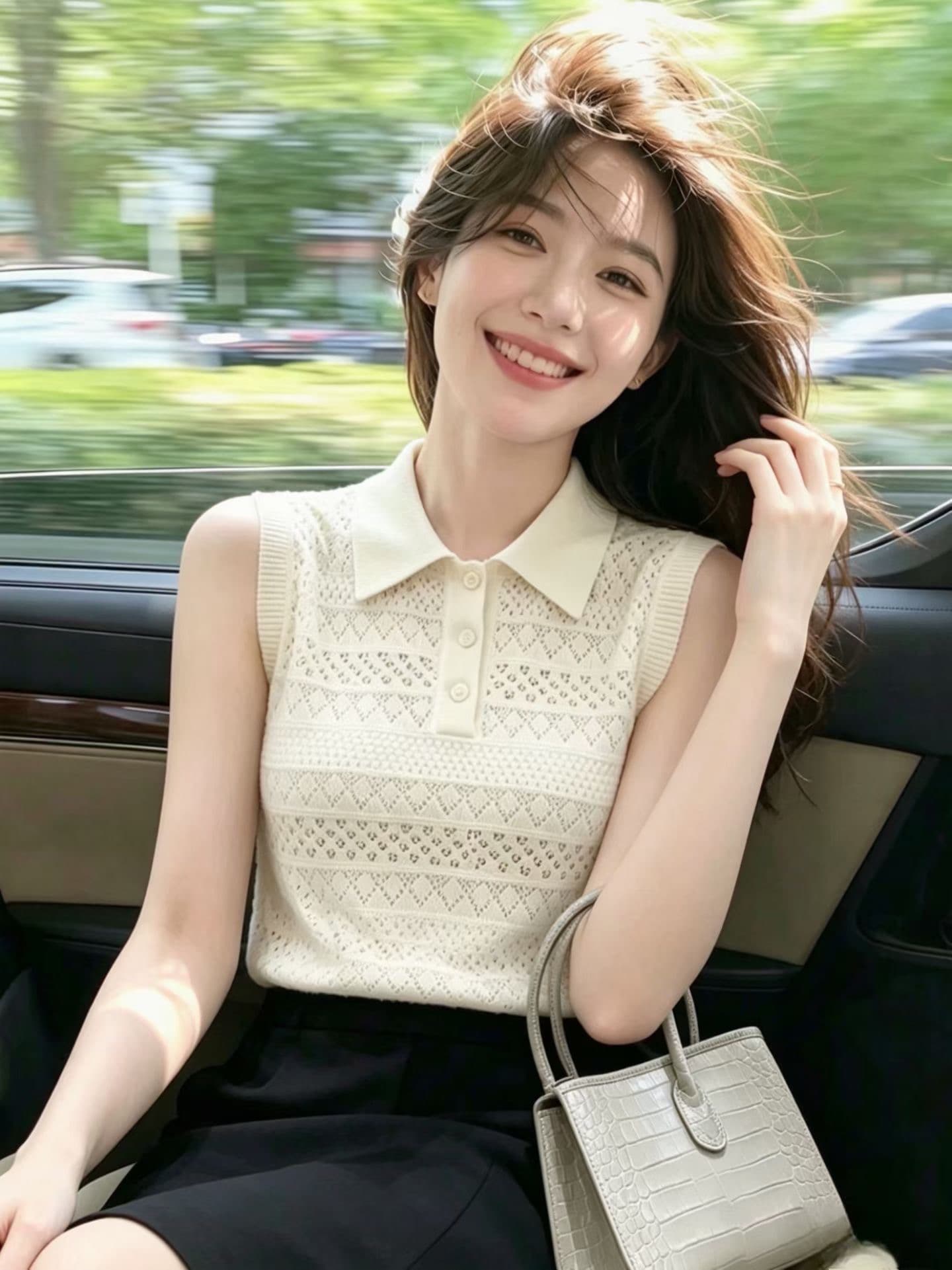 2026 년 여름 새로운 디자인 센스 달콤함 외국 가스 연령 감소 POLO 칼라 하프 열린 가슴 홀로우 아웃 니트 풀오버 조끼