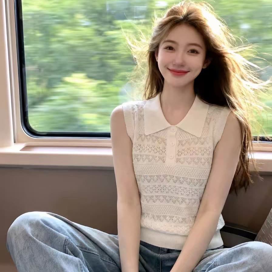 2026 년 여름 새로운 디자인 센스 달콤함 외국 가스 연령 감소 POLO 칼라 하프 열린 가슴 홀로우 아웃 니트 풀오버 조끼 상세 이미지 5