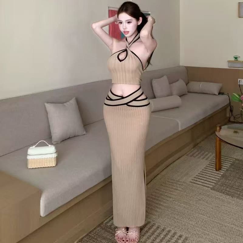 핫걸 바람 세트 배색 홀로우 아웃 행침 목 조끼 여성 여름 섹시함 타이트 스커트 치마 트임 반신 스커트 투피스 세트 이미지 5