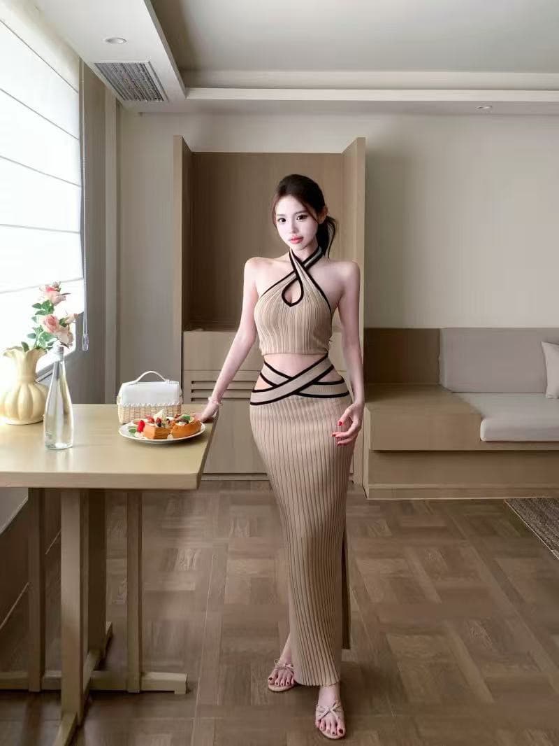 핫걸 바람 세트 배색 홀로우 아웃 행침 목 조끼 여성 여름 섹시함 타이트 스커트 치마 트임 반신 스커트 투피스 세트 상세 이미지 2