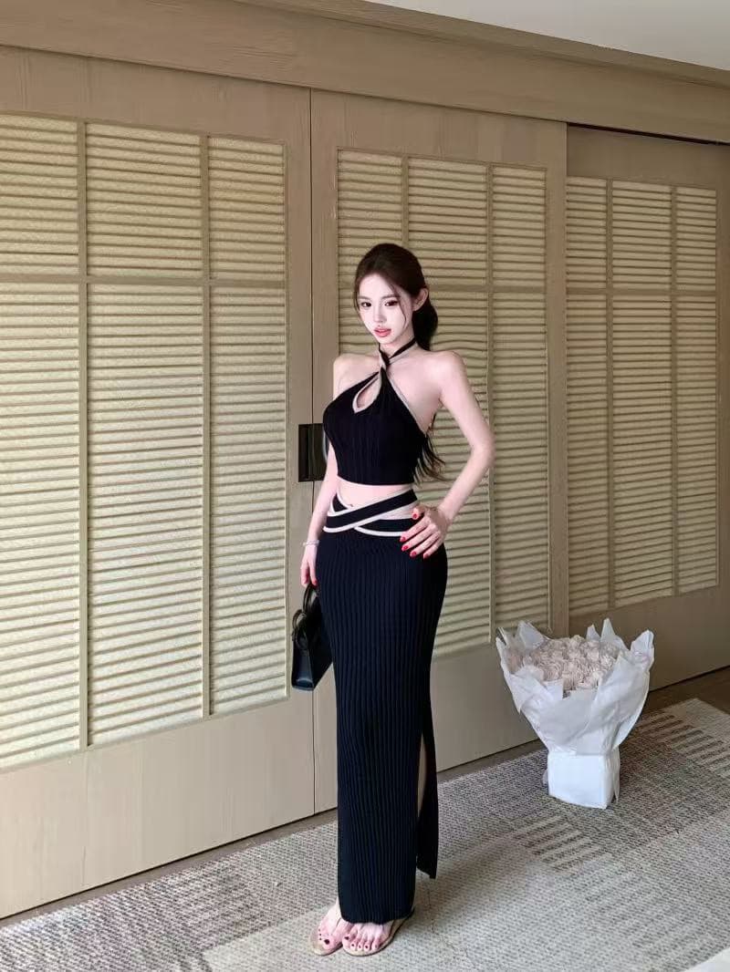 핫걸 바람 세트 배색 홀로우 아웃 행침 목 조끼 여성 여름 섹시함 타이트 스커트 치마 트임 반신 스커트 투피스 세트 상세 이미지 3
