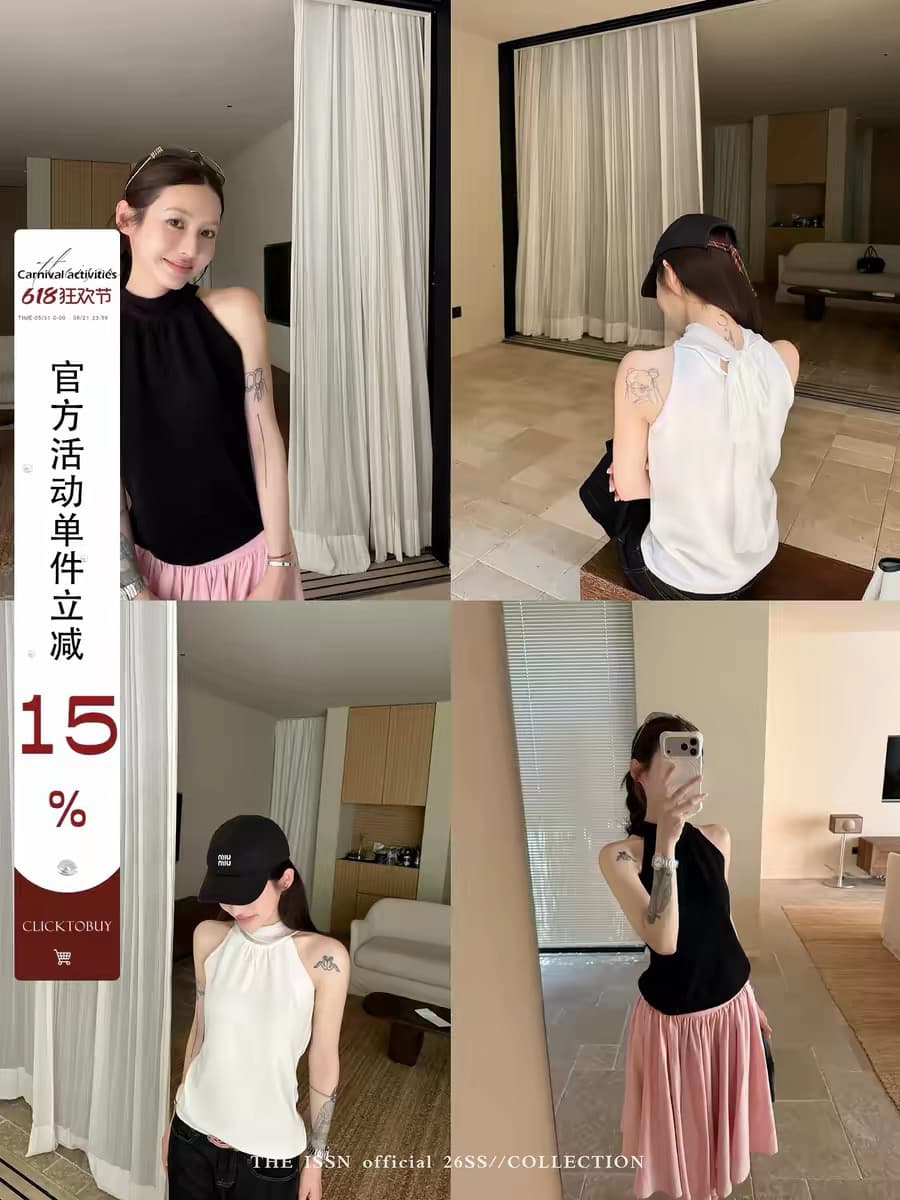 닝 부문 리본 스탠드 칼라 패치워크 행침 목 민소매 조끼 여성 여름 캐주얼 바람 몸매 가꾸기 슬림해 보이는 오프숄더 맨위 상세 이미지 1