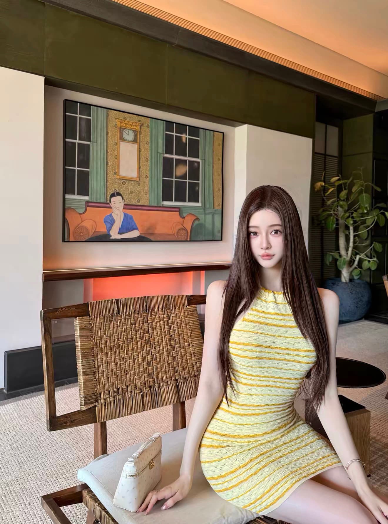 한 비 지아 c lt gaia erina 시리즈 황색 스트라이프 행침 목 백리스 허리 수축 타이트 스커트 니트 드레스 상세 이미지 1