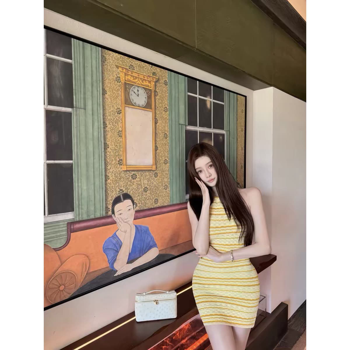 한 비 지아 c lt gaia erina 시리즈 황색 스트라이프 행침 목 백리스 허리 수축 타이트 스커트 니트 드레스 상세 이미지 3