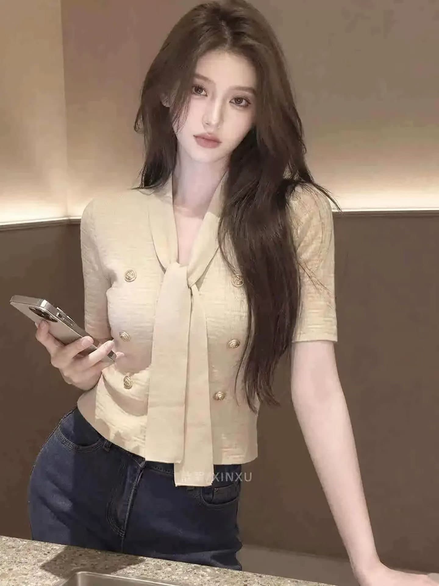 카키 색 프랑스식 명문 여성 바람 니트 반팔 여성 여름 작은 샤넬 스타일 고유 한 아름다운 리본 반팔 빅 사이즈 맨위 상세 이미지 4