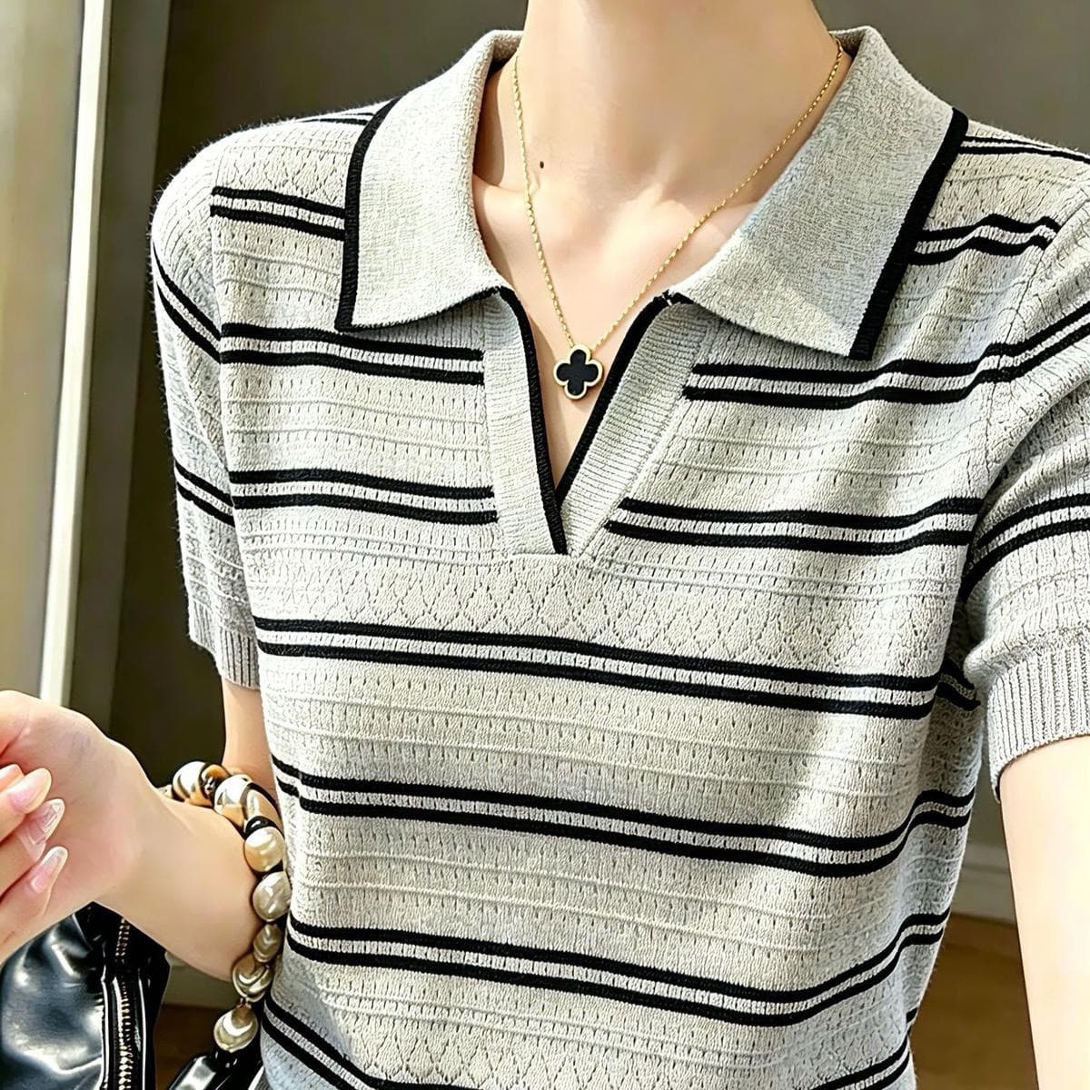 새로운 여름 POLO 칼라 배색 쇼트 스타일 반팔 외국 가스 다용도 연령 감소 슬림해 보이는 이미지 4