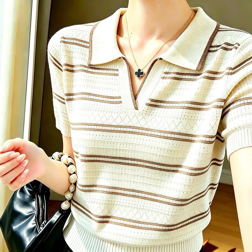 새로운 여름 POLO 칼라 배색 쇼트 스타일 반팔 외국 가스 다용도 연령 감소 슬림해 보이는 상세 이미지 3