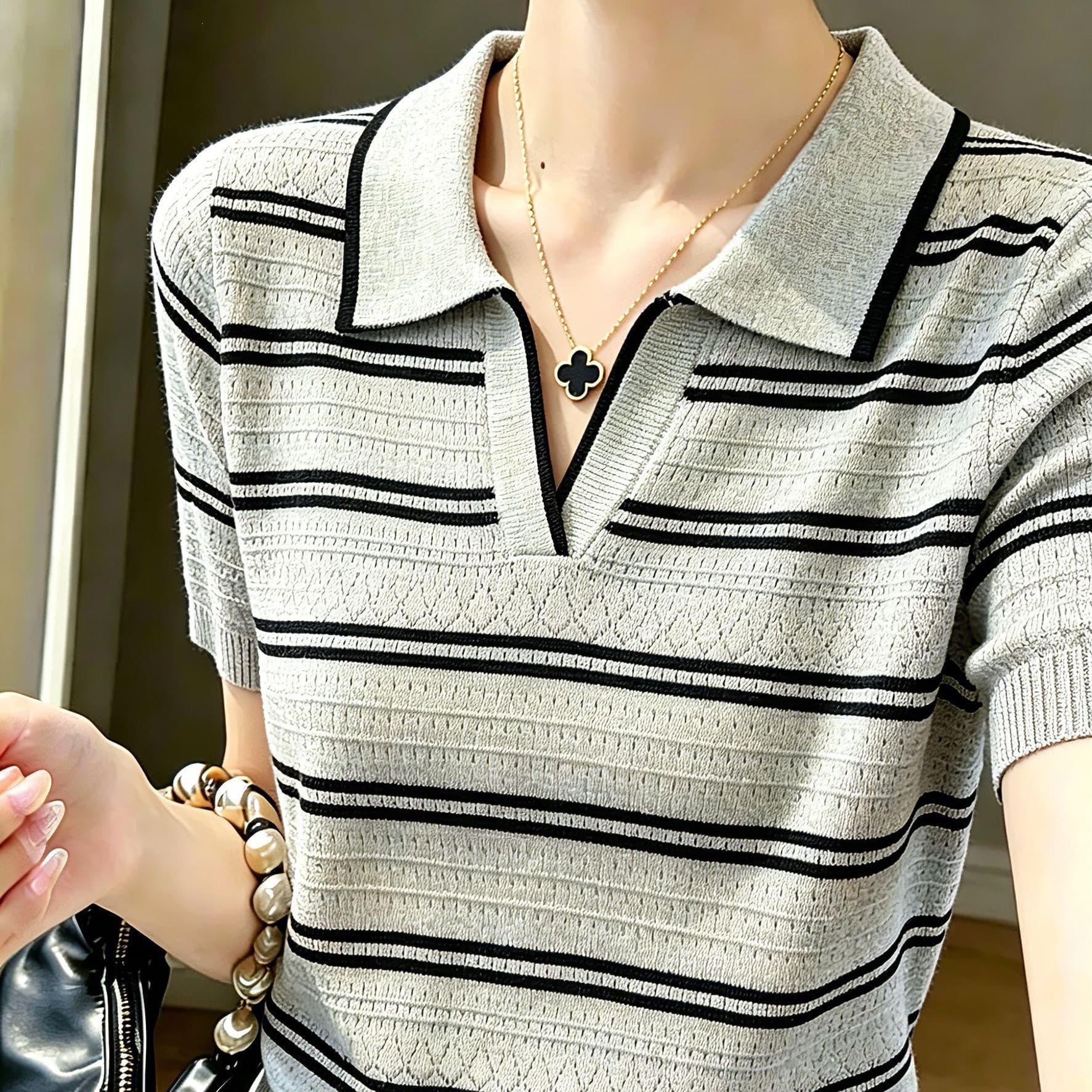 새로운 여름 POLO 칼라 배색 쇼트 스타일 반팔 외국 가스 다용도 연령 감소 슬림해 보이는 상세 이미지 5