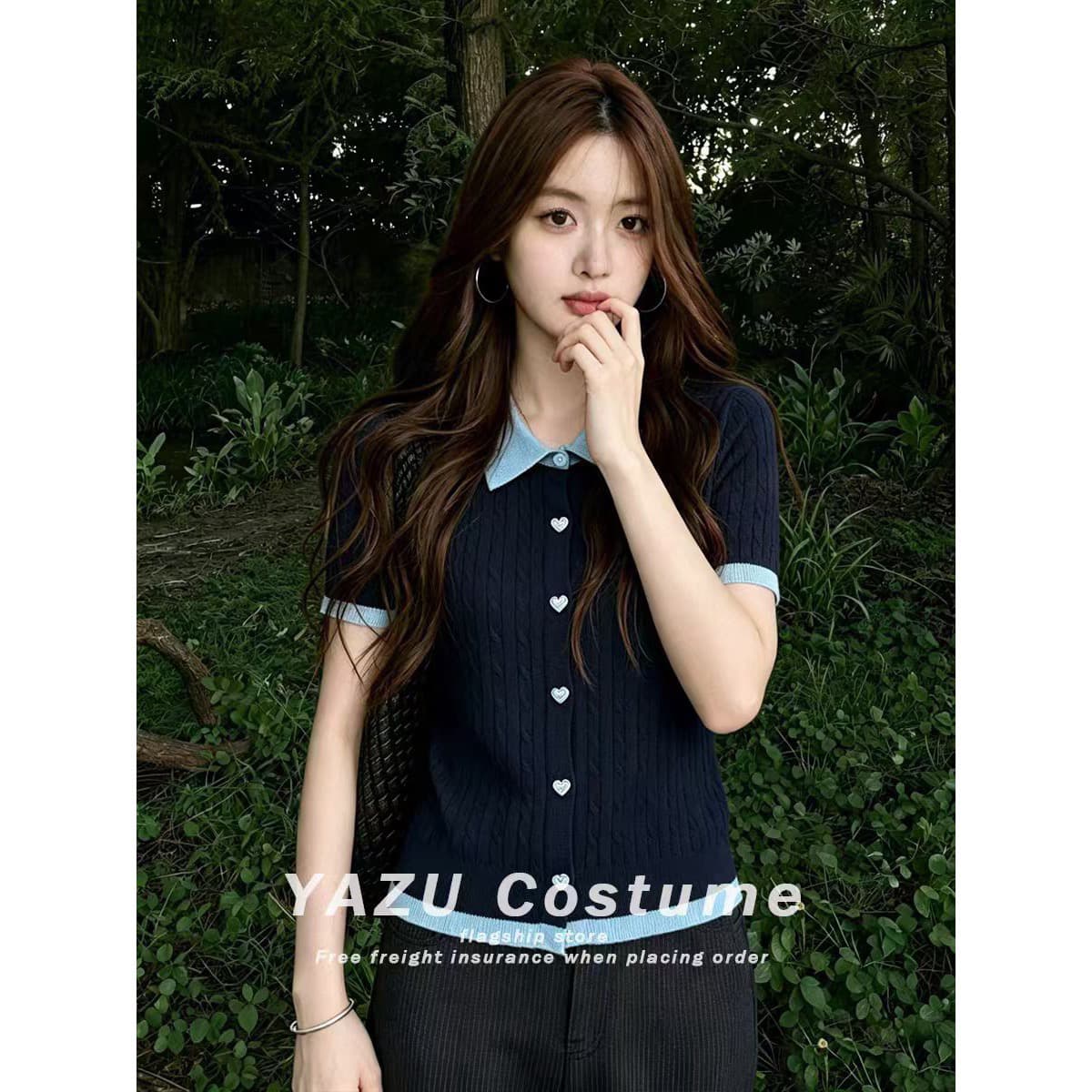 레트로 느긋한 느슨함 센스 패치워크 배색 폴로 칼라 반팔 니트 티셔츠 여름 새로운 슬림해 보이는 다용도 맨위 여성 이미지 5
