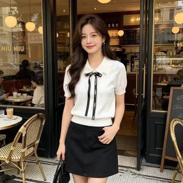 간결한 출퇴근 허리 수축 POLO 칼라 반팔 니트 26 여름 새로운 여성 프랑스식 탈착식 스트랩 맨위 이미지 3