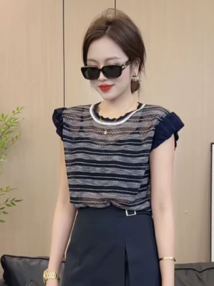 한 부서 배색 스트라이프 Feifei 소매 얼음 실크 니트 스웨터 여성 2026 여름 새로운 슈퍼 잘 생긴 폭발 다용도 맨위 이미지 3