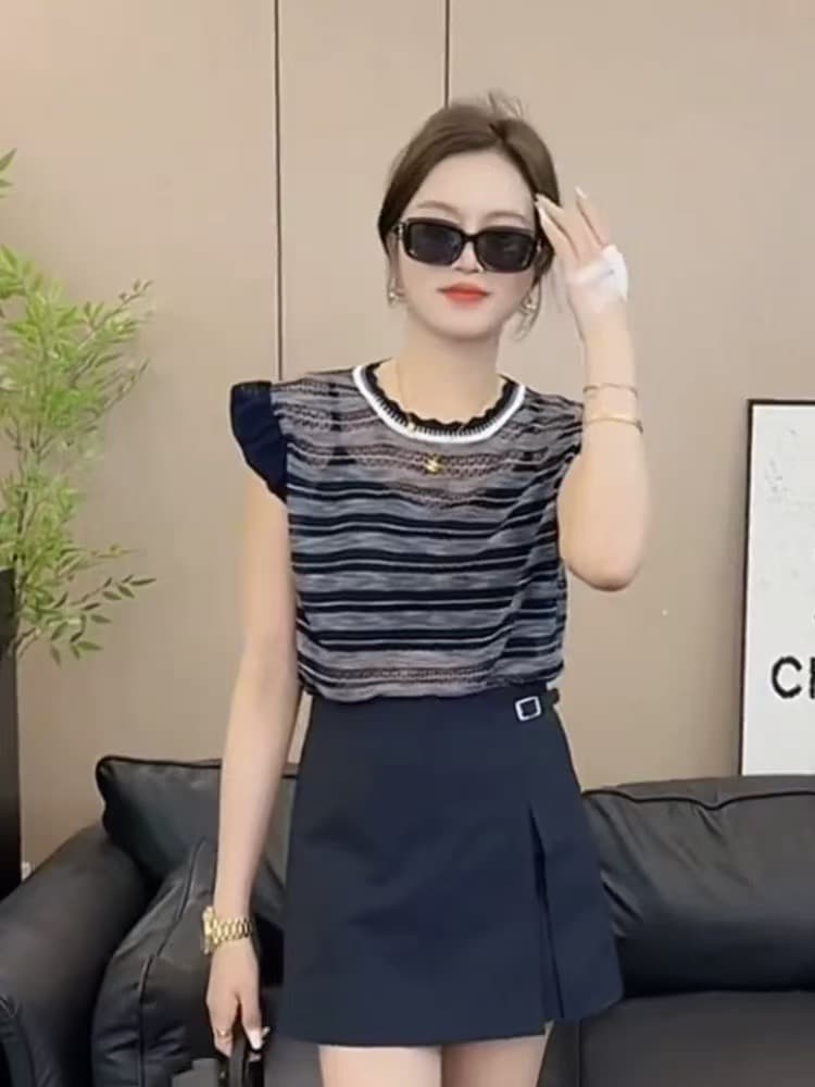 한 부서 배색 스트라이프 Feifei 소매 얼음 실크 니트 스웨터 여성 2026 여름 새로운 슈퍼 잘 생긴 폭발 다용도 맨위 이미지 4