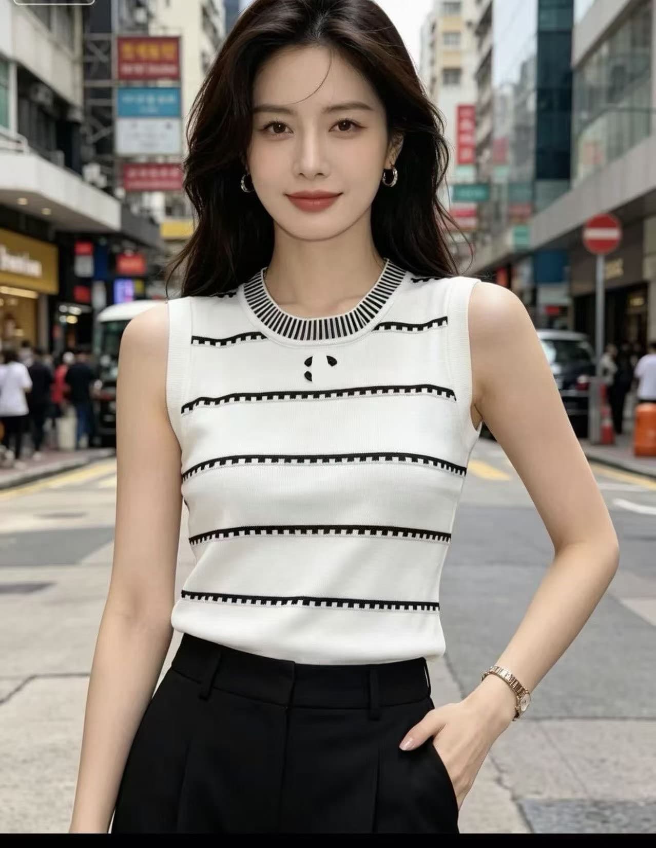 2026 년 여름 새로운 조수 브랜드 니트 향기로운 홈 logo 스트라이프 민소매 풀오버 조끼 슬림해 보이는 다용도 여성 셔츠