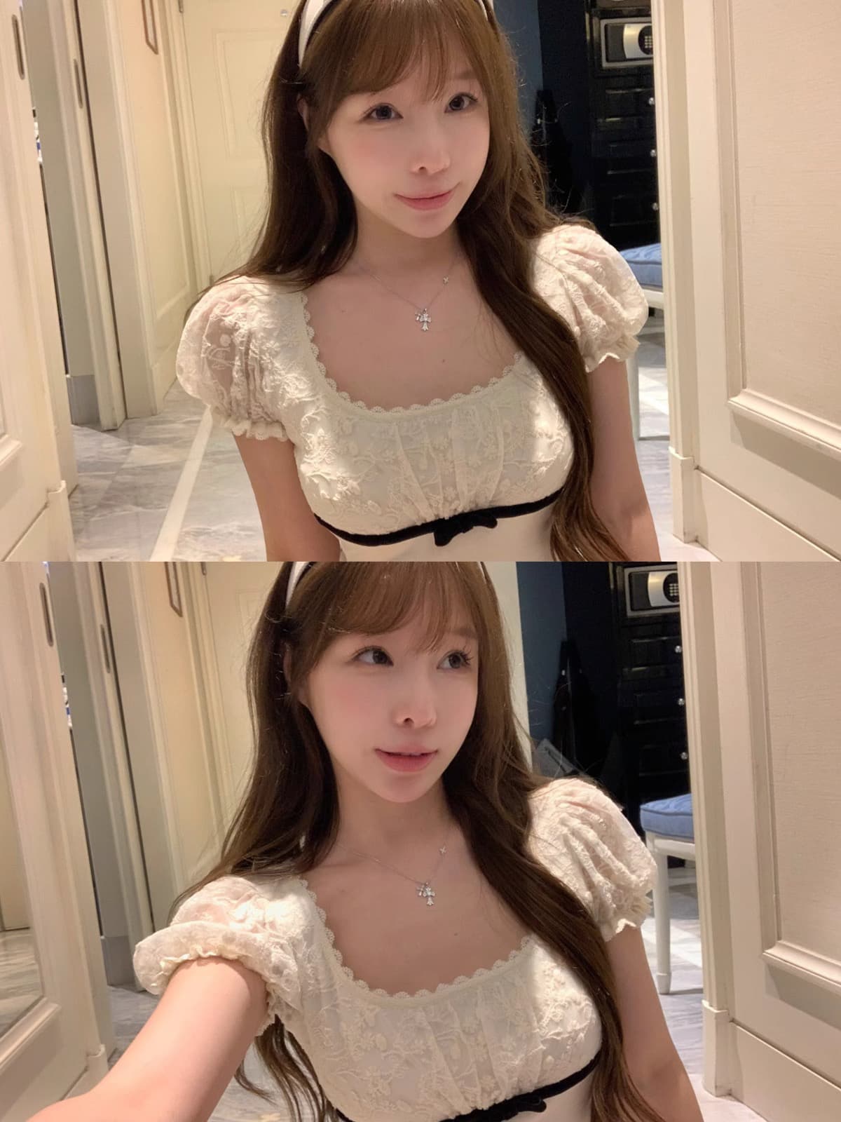 있음 선적 사람들 면 거품 소매 티셔츠 여자 칼라 레이스 조각 나비 매듭 몸매 가꾸기 슬림해 보이는 반팔 맨위 이미지 4