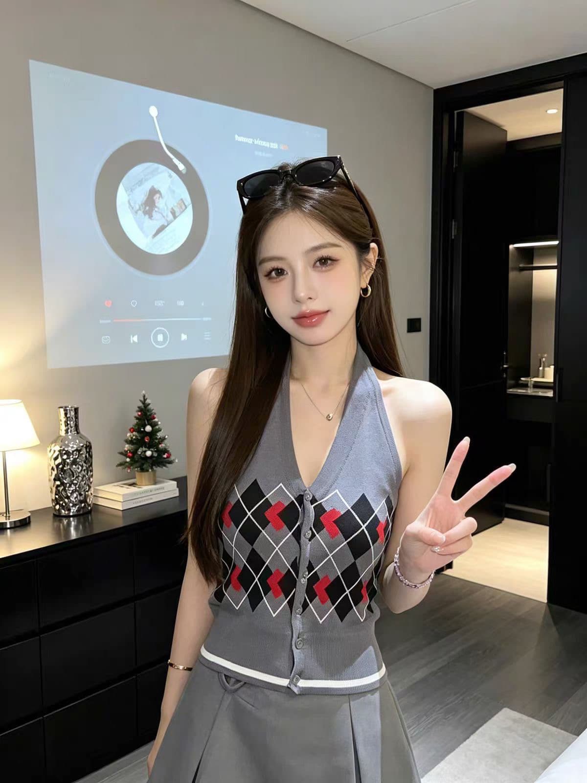 2026 여름 새로운 여성 한 부서 착용 가져 가라. V넥 링 그리드 몸매 가꾸기 행침 목 맨위 다용도 하이웨이스트 슬림해 보이는 반신 스커트 상세 이미지 3