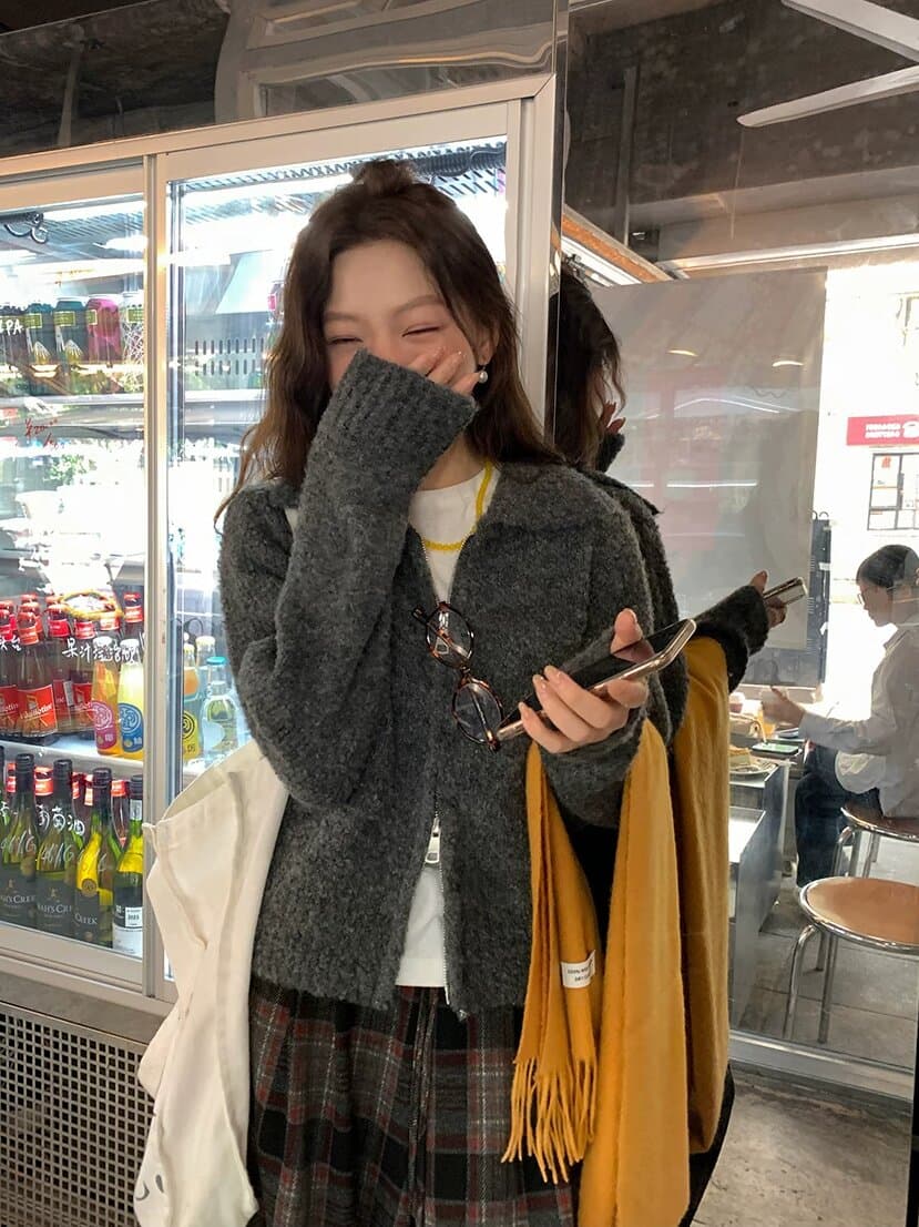 한 부서 서클 실 더블 지퍼 폴로 칼라 스웨터 오픈 가디건 여성 가을 겨울철 달콤한 스타일 레트로 캐주얼 다용도 재킷 트렌디 이미지 3