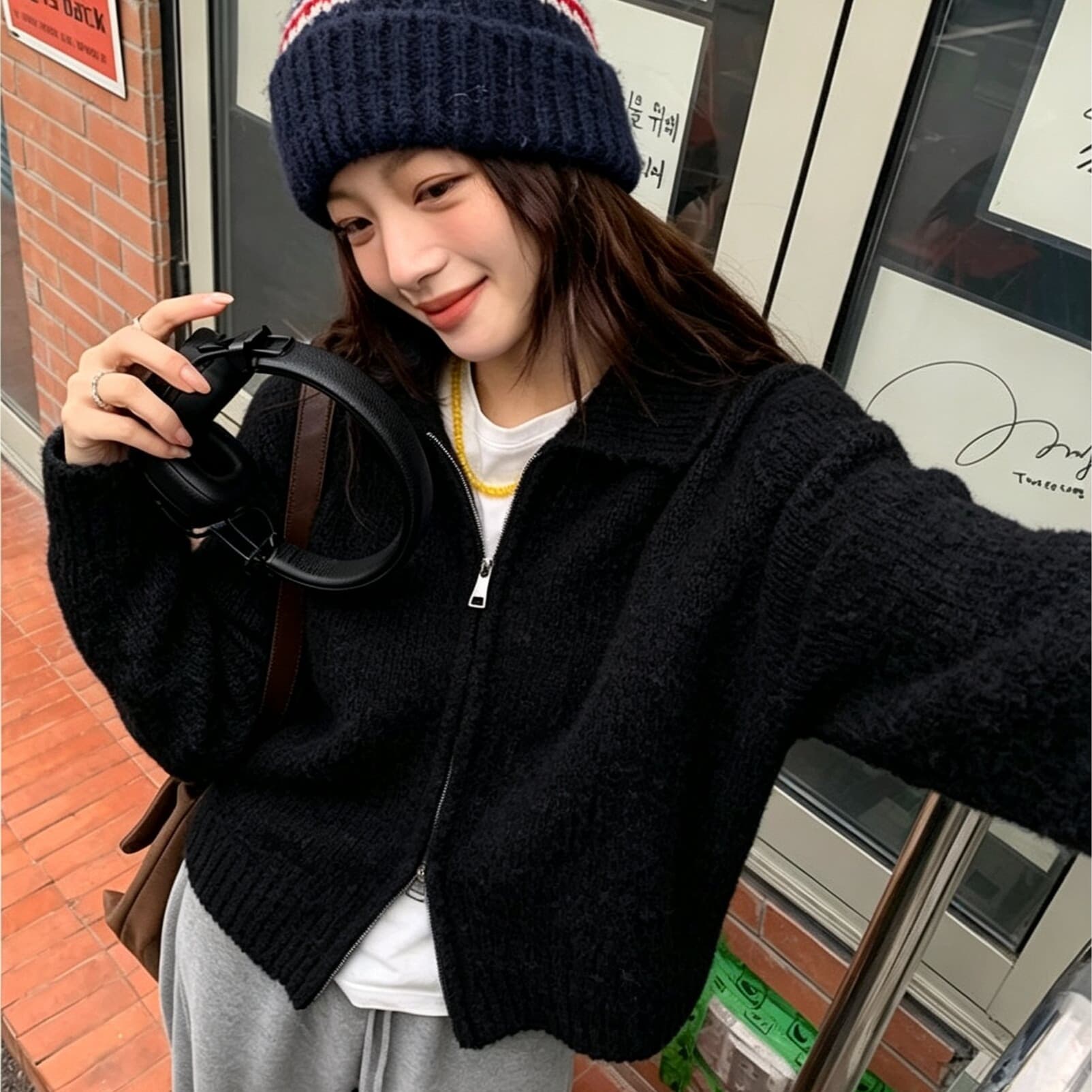 한 부서 서클 실 더블 지퍼 폴로 칼라 스웨터 오픈 가디건 여성 가을 겨울철 달콤한 스타일 레트로 캐주얼 다용도 재킷 트렌디 이미지 5