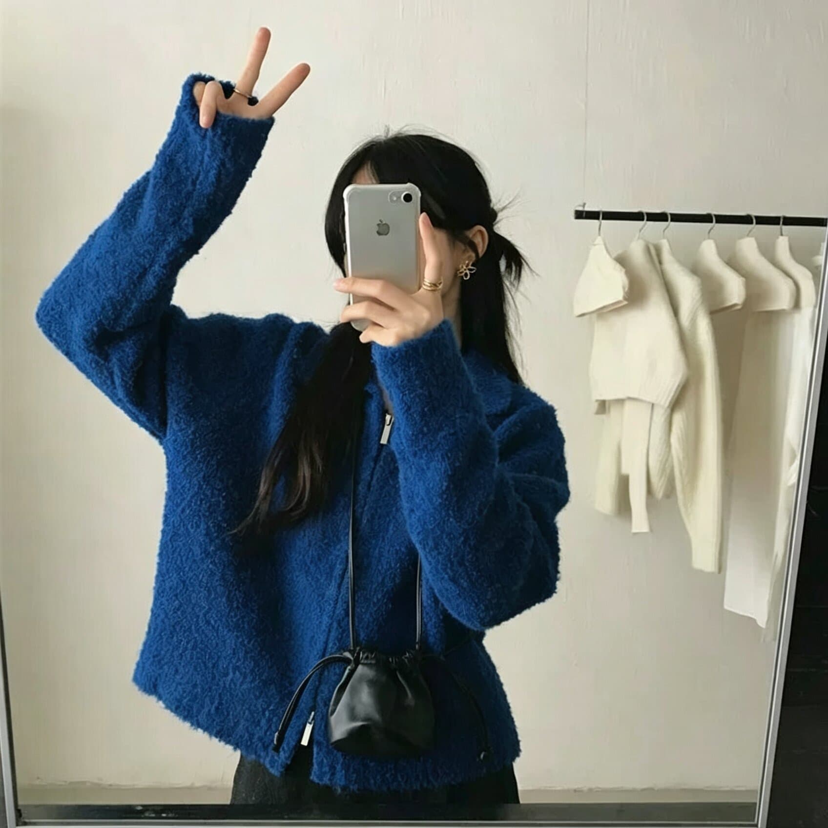 한 부서 서클 실 더블 지퍼 폴로 칼라 스웨터 오픈 가디건 여성 가을 겨울철 달콤한 스타일 레트로 캐주얼 다용도 재킷 트렌디 상세 이미지 4
