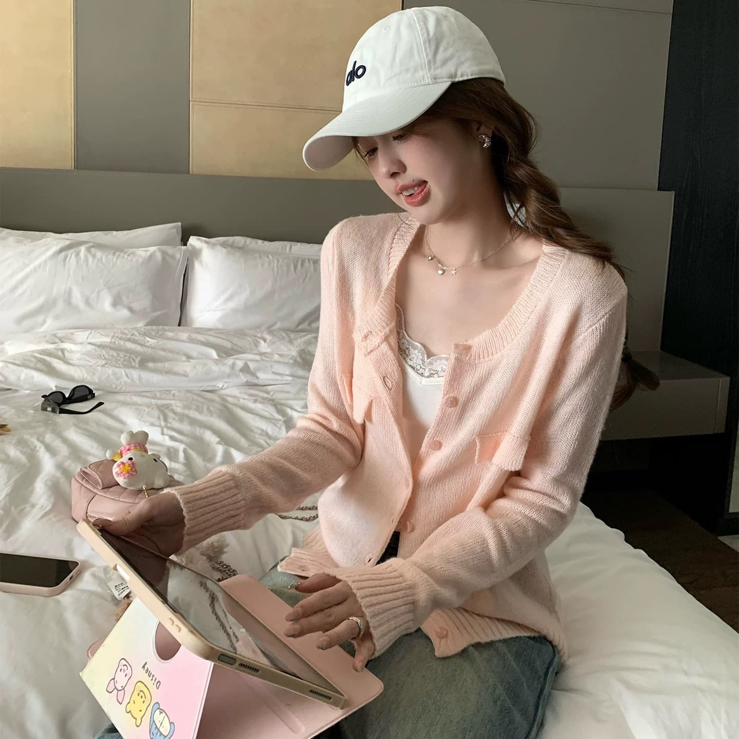 im ~까지 하트 비트 얕은 봄 부서 부드럽다 모헤어 기타 색상 부드러운 라운드 넥 맨위 여성 느긋한 니트 오픈 가디건 이미지 5