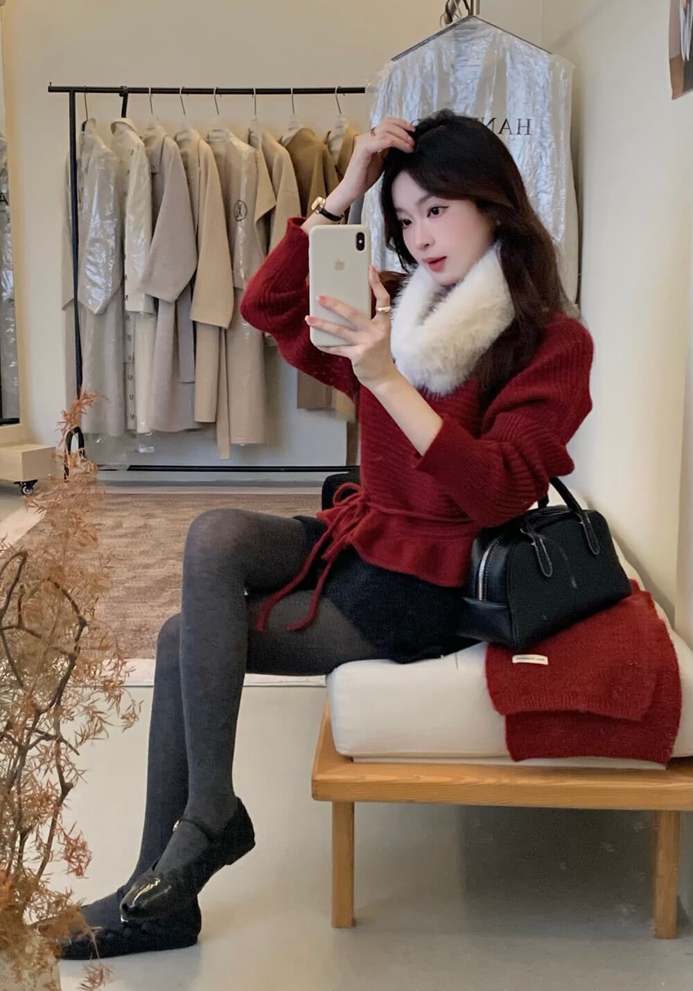 부드러운 바람 보트넥 프릴 허리 수축 레이스업 니트 스웨터 보온 스웨터 경기 모피 칼라 모피 칼라 모방 털 탈착식 상세 이미지 5