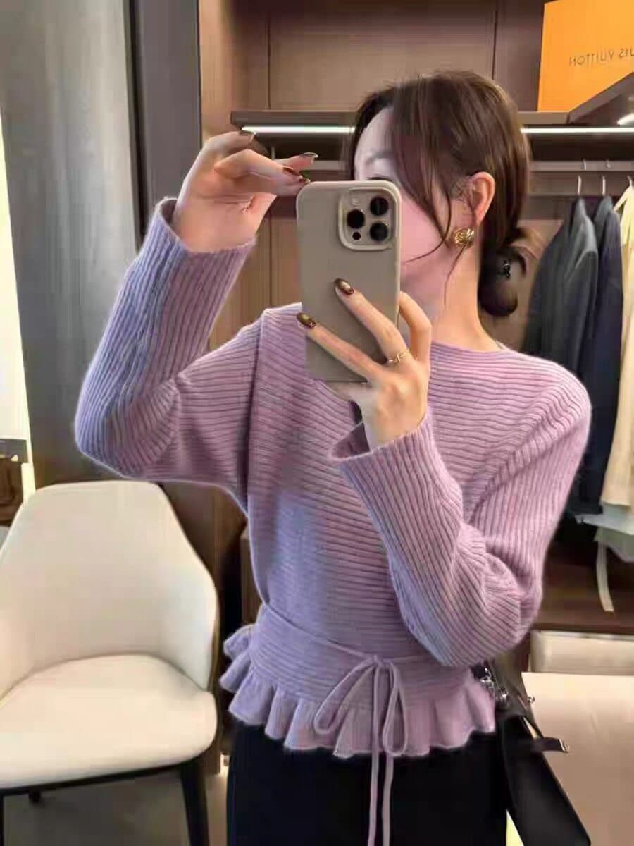 한 부서 디자인 센스 레이스업 프릴 허리 수축 니트 스웨터 여성 2026 새로운 가을 겨울 다용도 품격 슬림해 보이는 스웨터 이미지 3