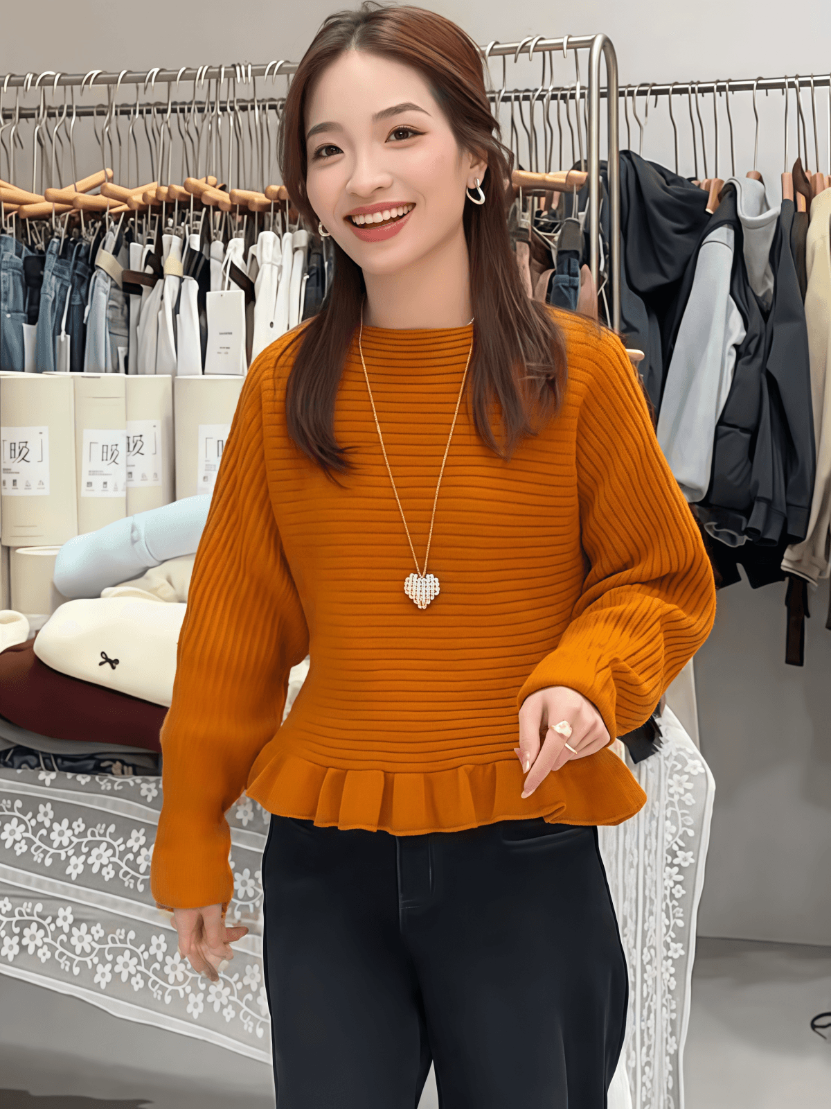 한 부서 디자인 센스 레이스업 프릴 허리 수축 니트 스웨터 여성 2026 새로운 가을 겨울 다용도 품격 슬림해 보이는 스웨터 상세 이미지 13