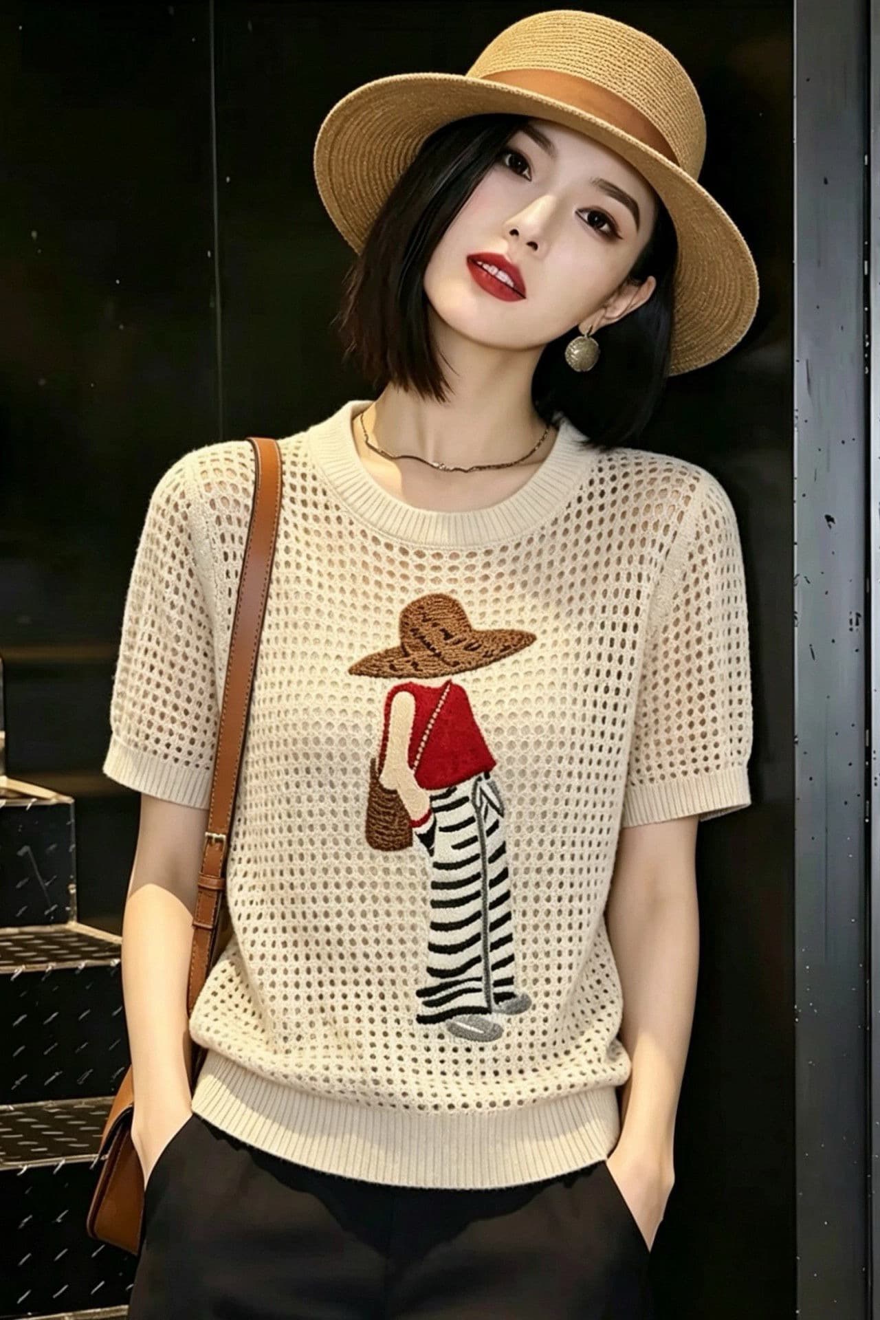작은 대중 Chic 만화 프린트 홀로우 아웃 반팔 니트 스웨터 여성 여름 새로운 살구 색상 루즈핏 라운드 넥 얇은 스타일 맨위 상세 이미지 1