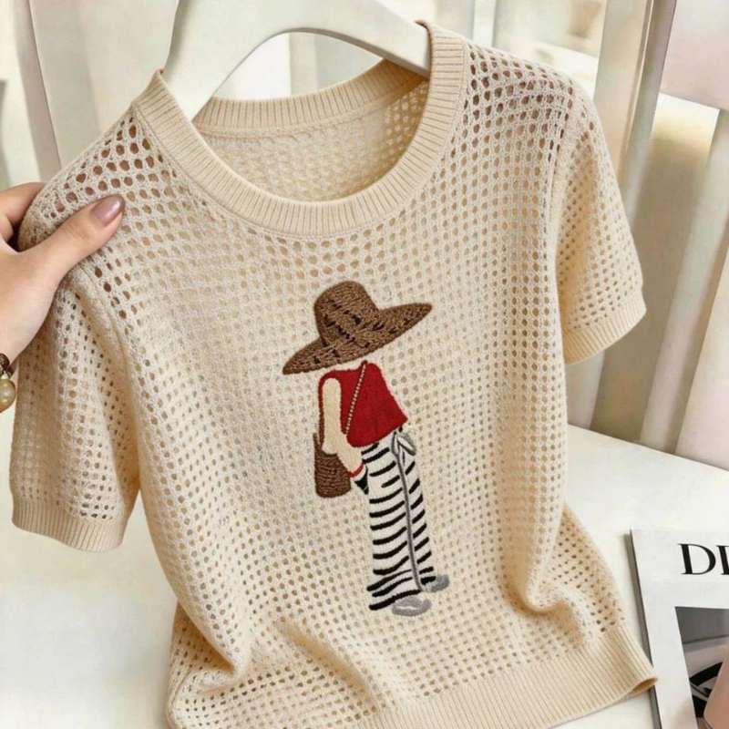 작은 대중 Chic 만화 프린트 홀로우 아웃 반팔 니트 스웨터 여성 여름 새로운 살구 색상 루즈핏 라운드 넥 얇은 스타일 맨위 상세 이미지 5