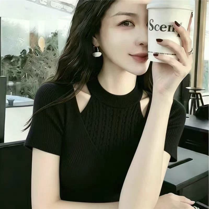 프랑스식 부드러운 바람 행침 목 홀로우 아웃 니트 스웨터 여성 얼음 실크 꽈배기 몸매 가꾸기 반팔 티셔츠 다용도 기본 셔츠 빛 럭셔리 상세 이미지 5