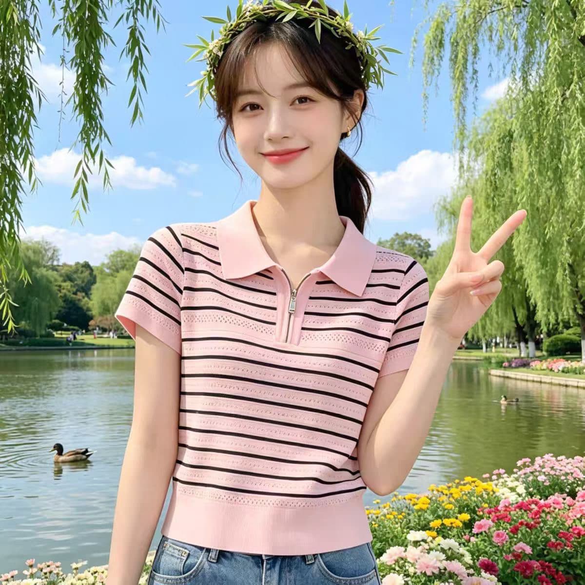 2026 여름 새로운 스트라이프 반팔 여성 폴로 칼라 라이 경기 서울 주간 실크 얇은 스타일 니트 루즈핏 자수 티셔츠 맨위 상세 이미지 3