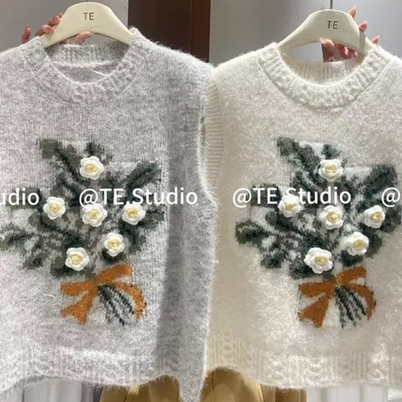 한 부서 부드러운 자수 꽃 스웨터 조끼 여자 풀오버 루즈핏 봄 가을 스택 착용 두꺼운 스타일 니트 스웨터 뒤로 내 마음 속에 이미지 5