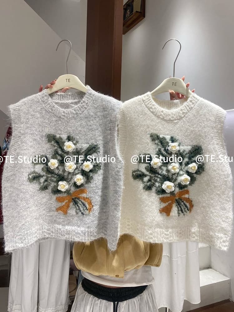한 부서 부드러운 자수 꽃 스웨터 조끼 여자 풀오버 루즈핏 봄 가을 스택 착용 두꺼운 스타일 니트 스웨터 뒤로 내 마음 속에 상세 이미지 4