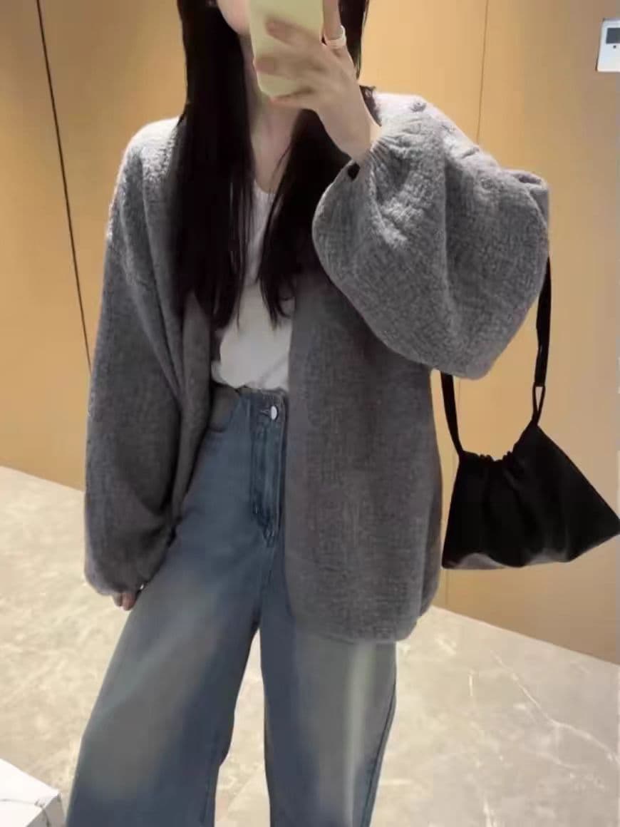 슈퍼 화재 새로운 나무 껍질 곡물 버블 재킷 봄 가을 느긋한 바람 스웨터 니트 오픈 가디건 루즈핏 재킷 이미지 3