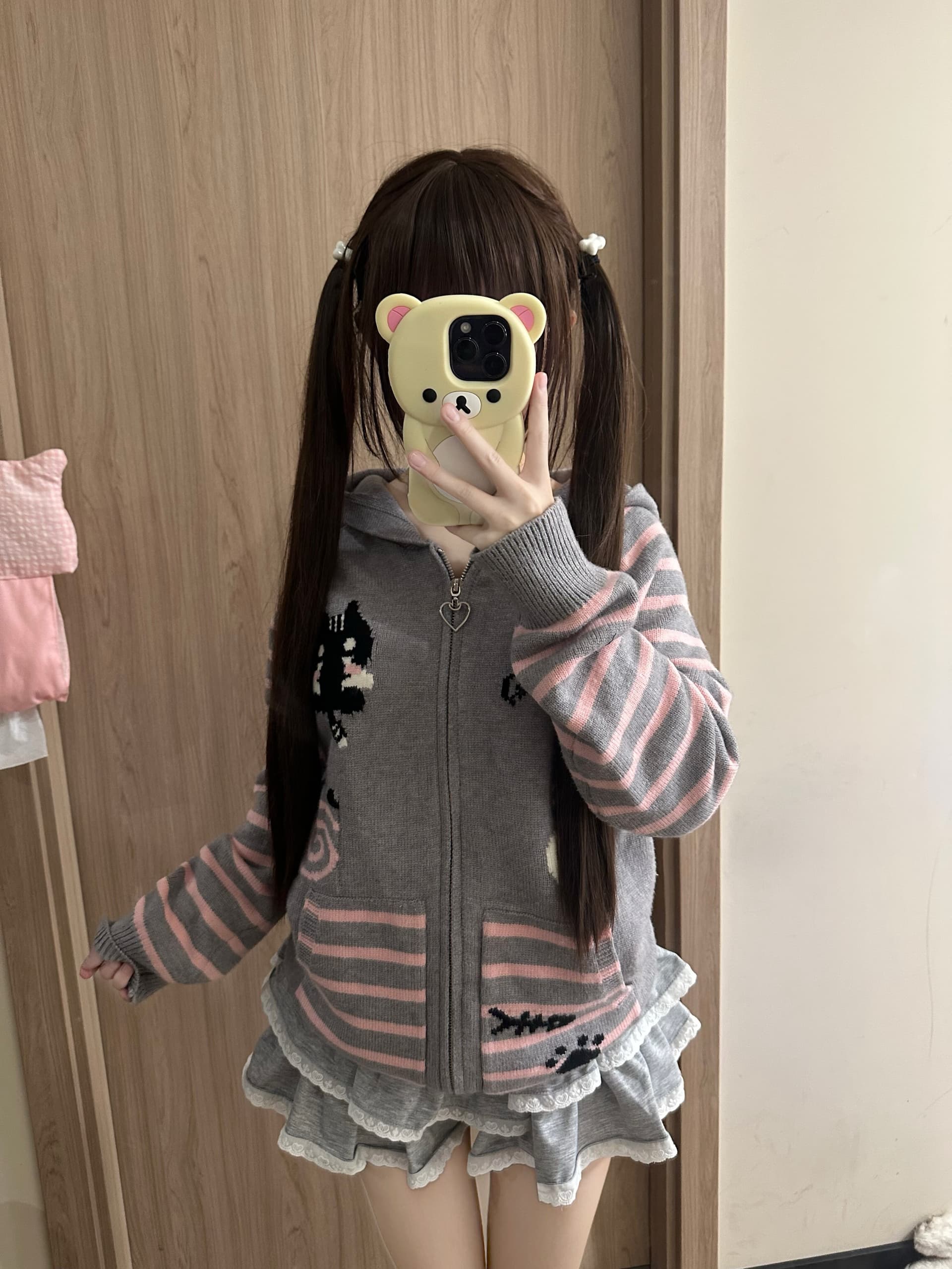 혼란 작은 곰 오리지널 일본식 하우스 멩 스트라이프 새끼 고양이 귀여운 후드티 가을 겨울 하우스 부서 오픈 가디건 스웨터 후드 재킷 상세 이미지 7