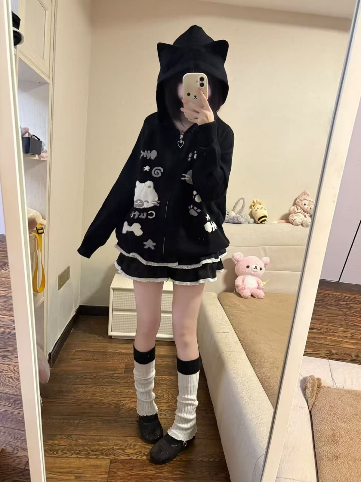 오리지널 일본식 하우스 멩 새끼 고양이 귀여운 후드티 가을 겨울 하우스 부서 오픈 가디건 스웨터 후드 재킷 이미지 4