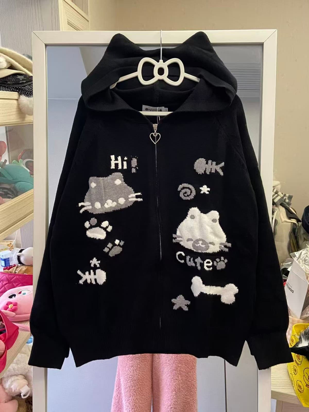 오리지널 일본식 하우스 멩 새끼 고양이 귀여운 후드티 가을 겨울 하우스 부서 오픈 가디건 스웨터 후드 재킷 상세 이미지 1