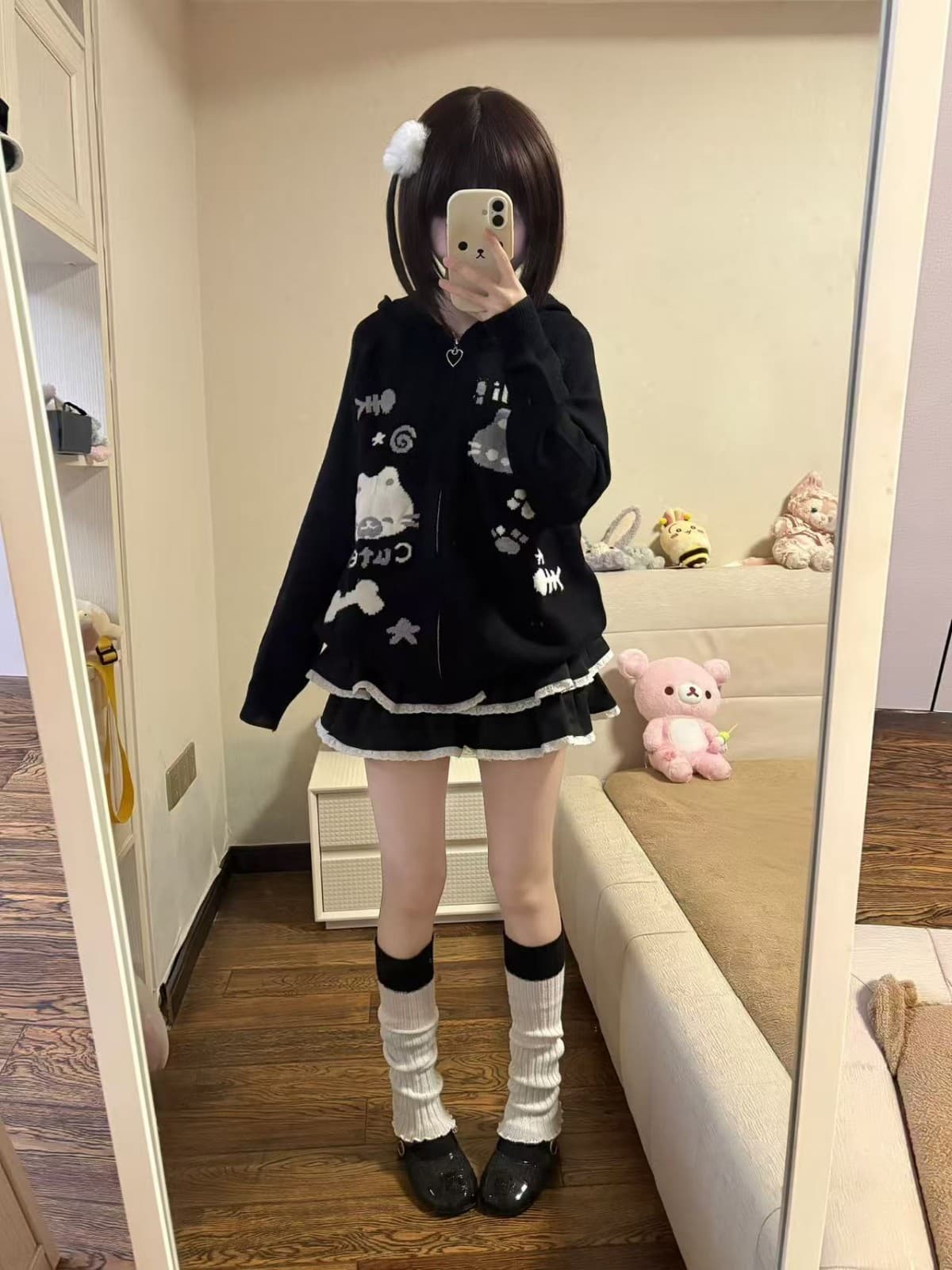 오리지널 일본식 하우스 멩 새끼 고양이 귀여운 후드티 가을 겨울 하우스 부서 오픈 가디건 스웨터 후드 재킷 상세 이미지 7