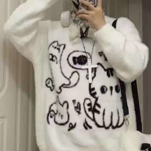 이문화 느긋한 Chic 고양이 부드러운 자매 스웨터 여자 가을 겨울 아메리칸 귀여운 부드러운 찹쌀 루즈핏 니트 스웨터 맨위 상세 이미지 1