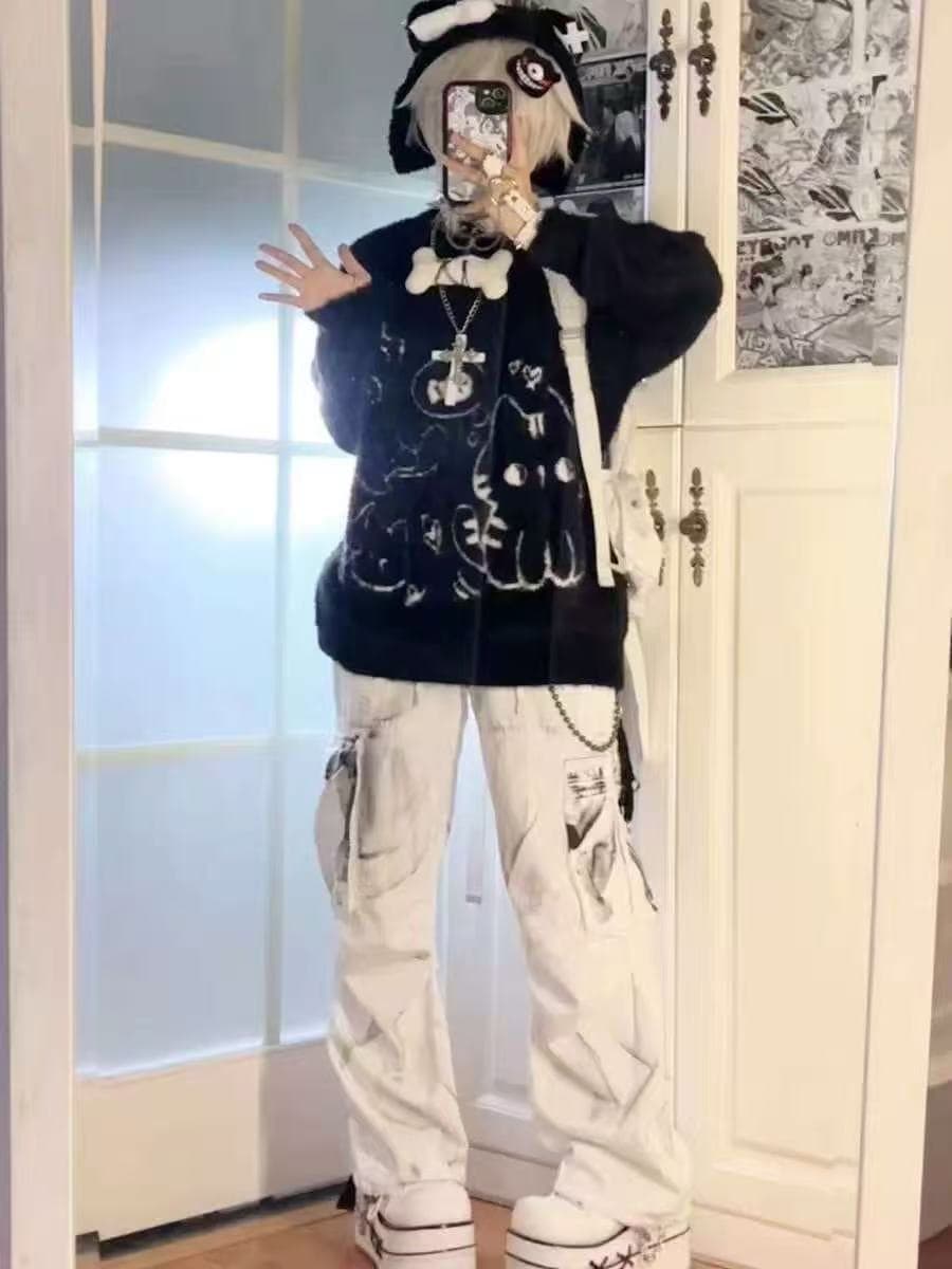 이문화 느긋한 Chic 고양이 부드러운 자매 스웨터 여자 가을 겨울 아메리칸 귀여운 부드러운 찹쌀 루즈핏 니트 스웨터 맨위 상세 이미지 3