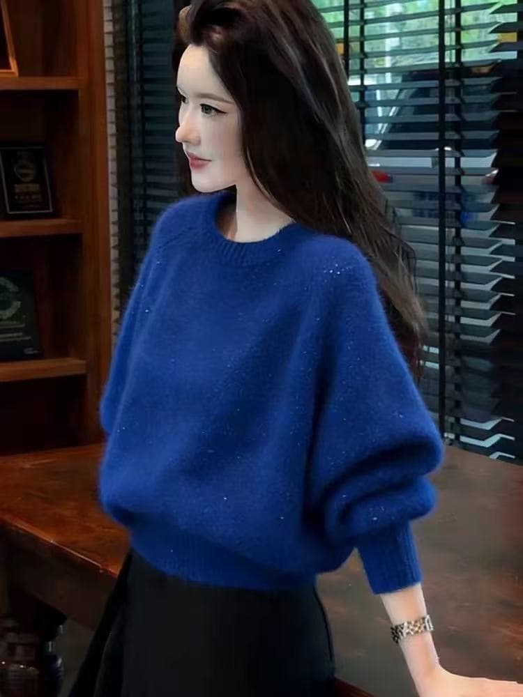 고유 한 슈퍼 잘 생긴 라운드 넥 스팽글 스웨터 여성 2026 가을 겨울철 새로운 캐주얼 루즈핏 폭발 니트 맨위 상세 이미지 3