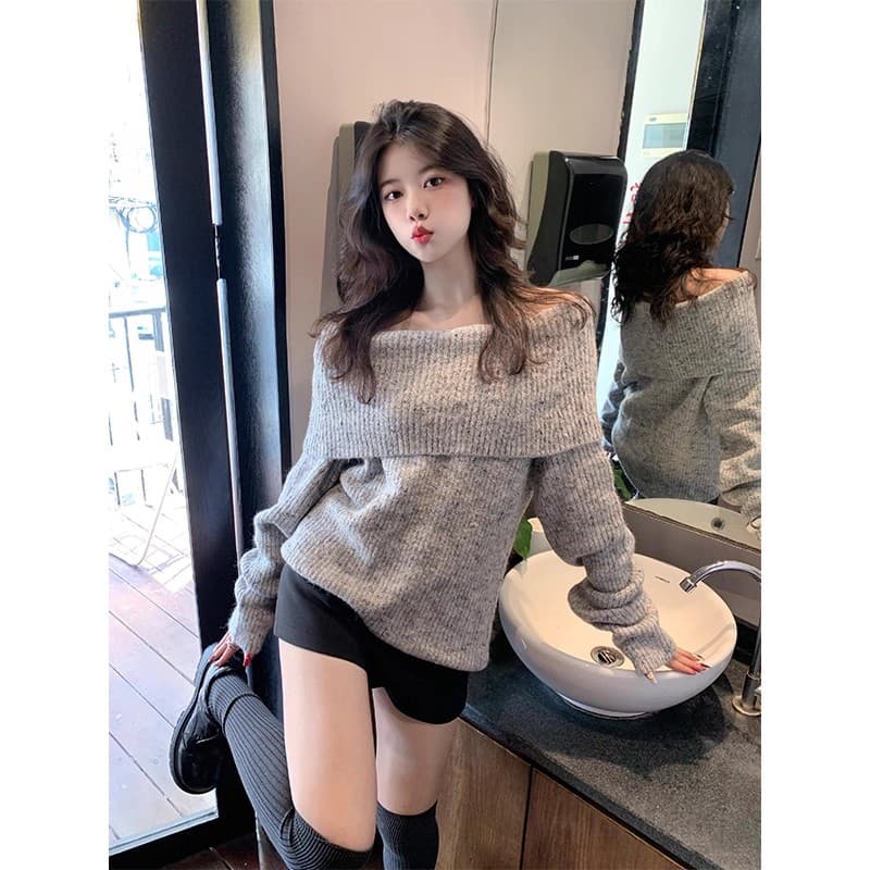 한 부서 회색 오프숄더 스웨터 여자 가을 겨울 루즈핏 느긋한 바람 두꺼운 다용도 오프숄더 긴팔 니트 스웨터 맨위