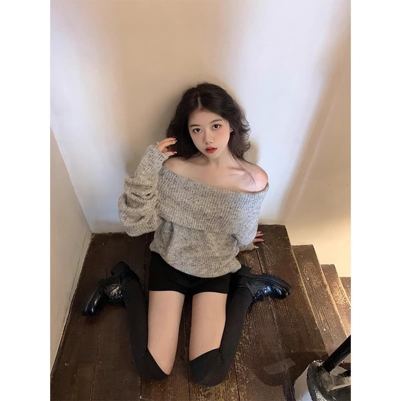 한 부서 회색 오프숄더 스웨터 여자 가을 겨울 루즈핏 느긋한 바람 두꺼운 다용도 오프숄더 긴팔 니트 스웨터 맨위 이미지 5