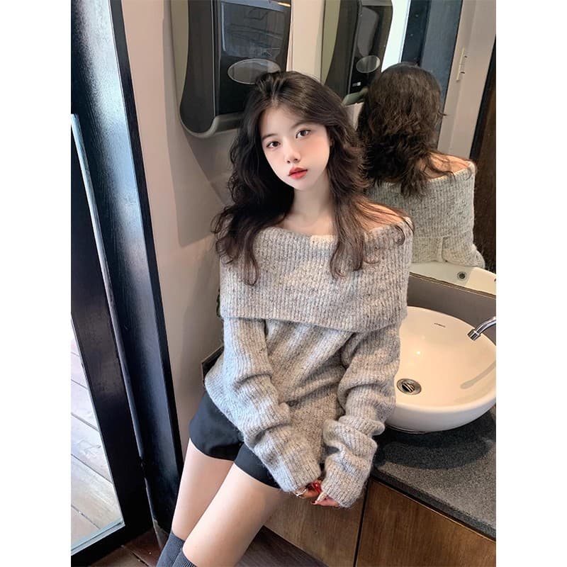 한 부서 회색 오프숄더 스웨터 여자 가을 겨울 루즈핏 느긋한 바람 두꺼운 다용도 오프숄더 긴팔 니트 스웨터 맨위 상세 이미지 2