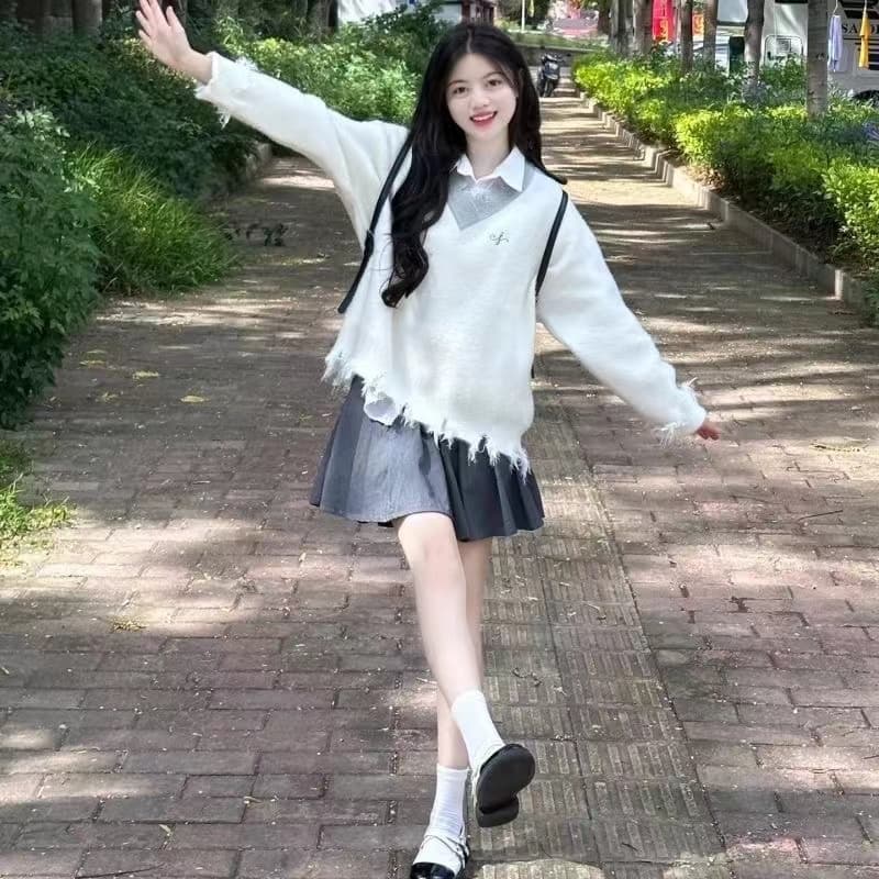 디자인 센스 술 V넥 긴팔 스웨터 니트 여성 학원 스타일 다용도 상세 이미지 5