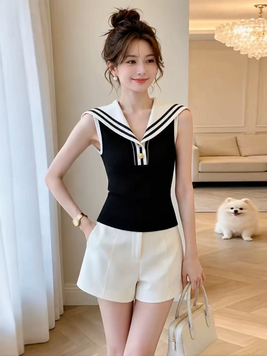 흑인과 백인 패치워크 색상 해군 칼라 스트라이프 민소매 티셔츠 여성 2026 여름 해상 부서 고유 한 아름다운 디자인 센스 맨위 상세 이미지 2