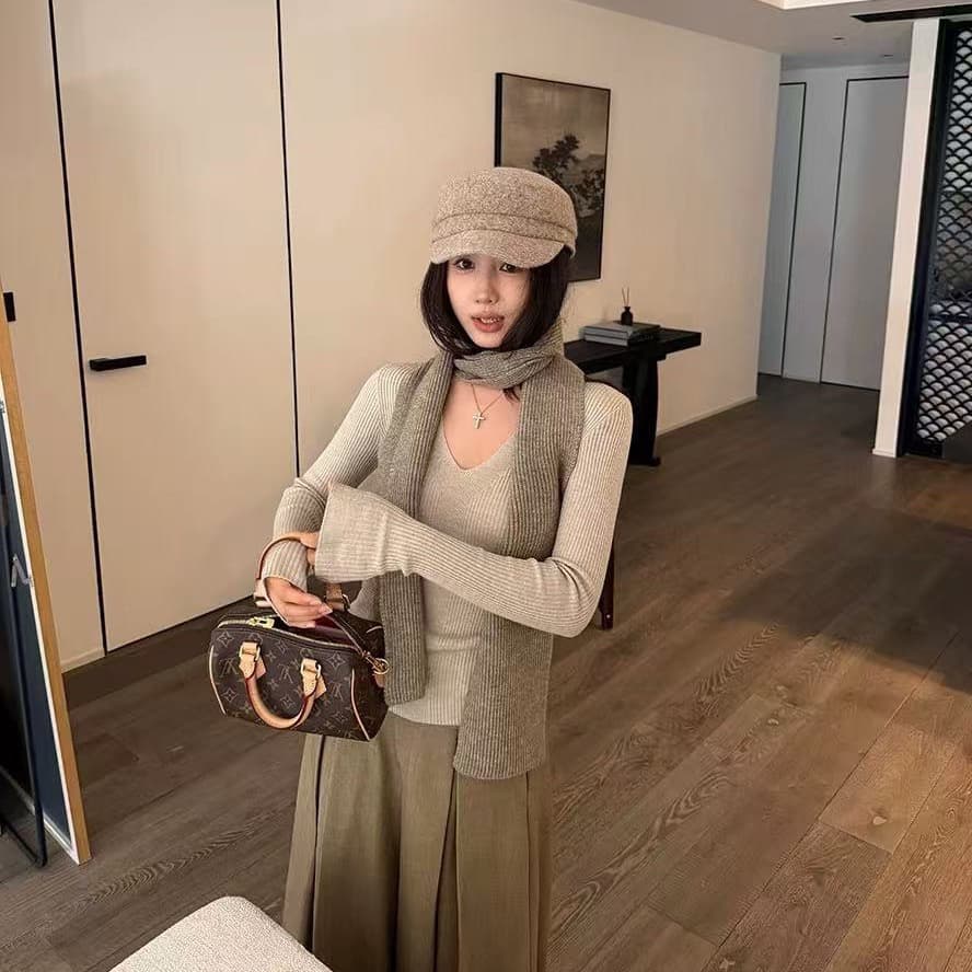 오트밀 색상 구덩이 기사 V넥 니트 스웨터 여성 의류 가을 미니멀리즘 다용도 스웨터 만나는 인사이드 가져 가라. 타이트 긴팔 맨위 이미지 5
